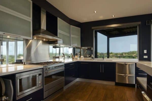 Stainless steel & brushed aluminium effect black modern fitted kitchen